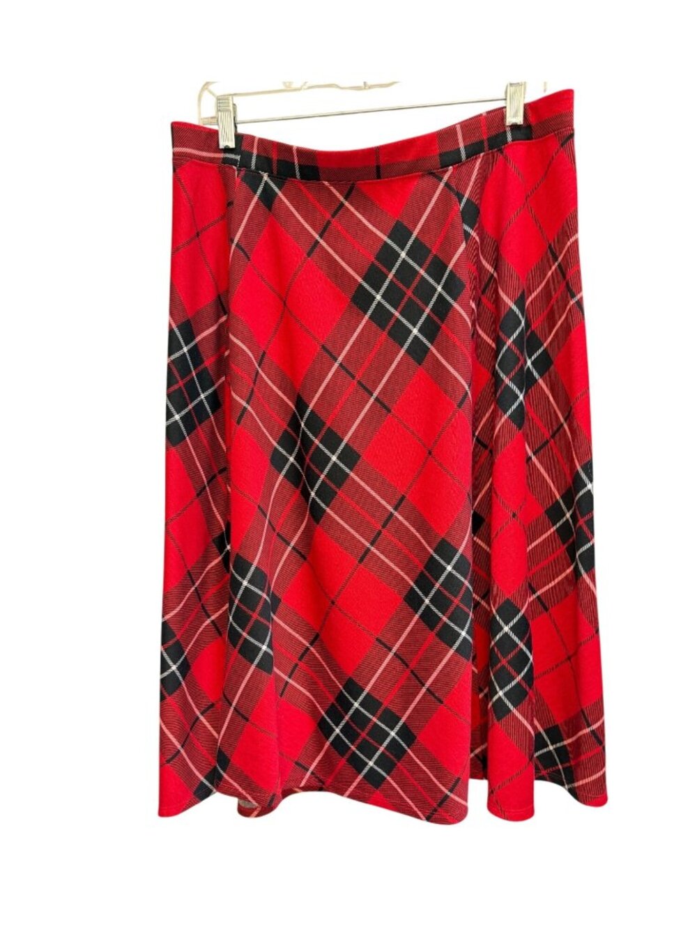 Laura Scott Red Plaid Tartan A‑Line Skirt – Classic Check Midi (Large)